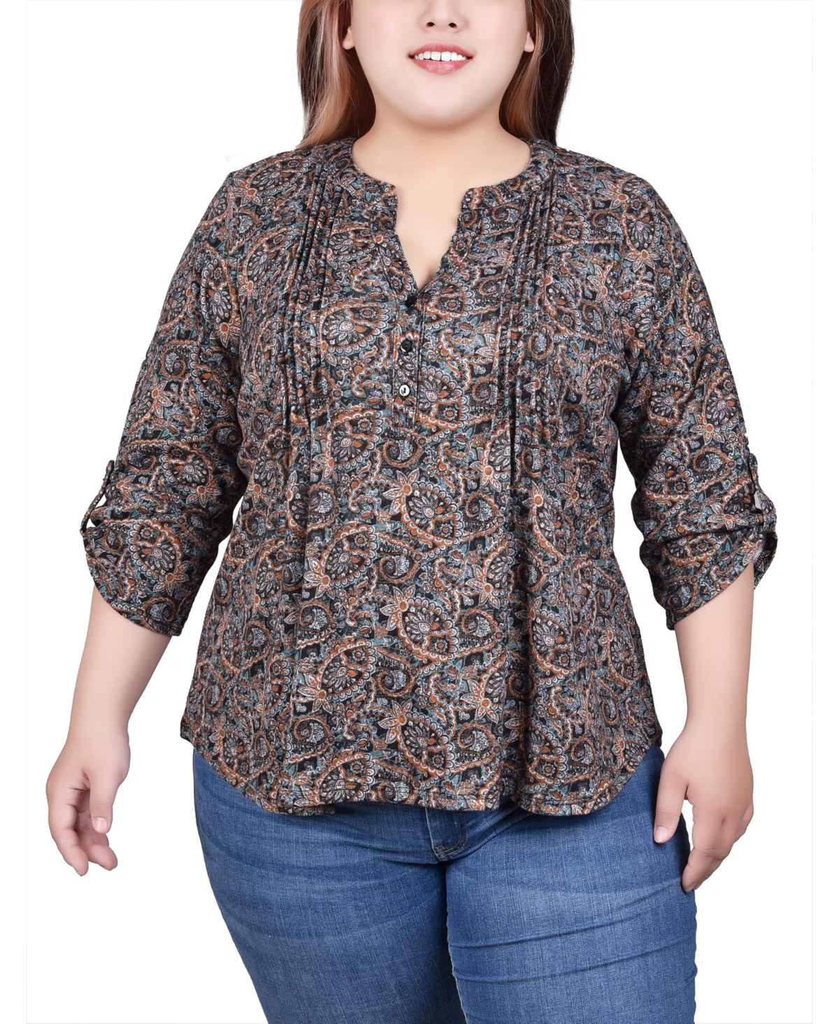 Ny Collection Plus Size 3/4 Roll Sleeve Top In Black Brown Paisley