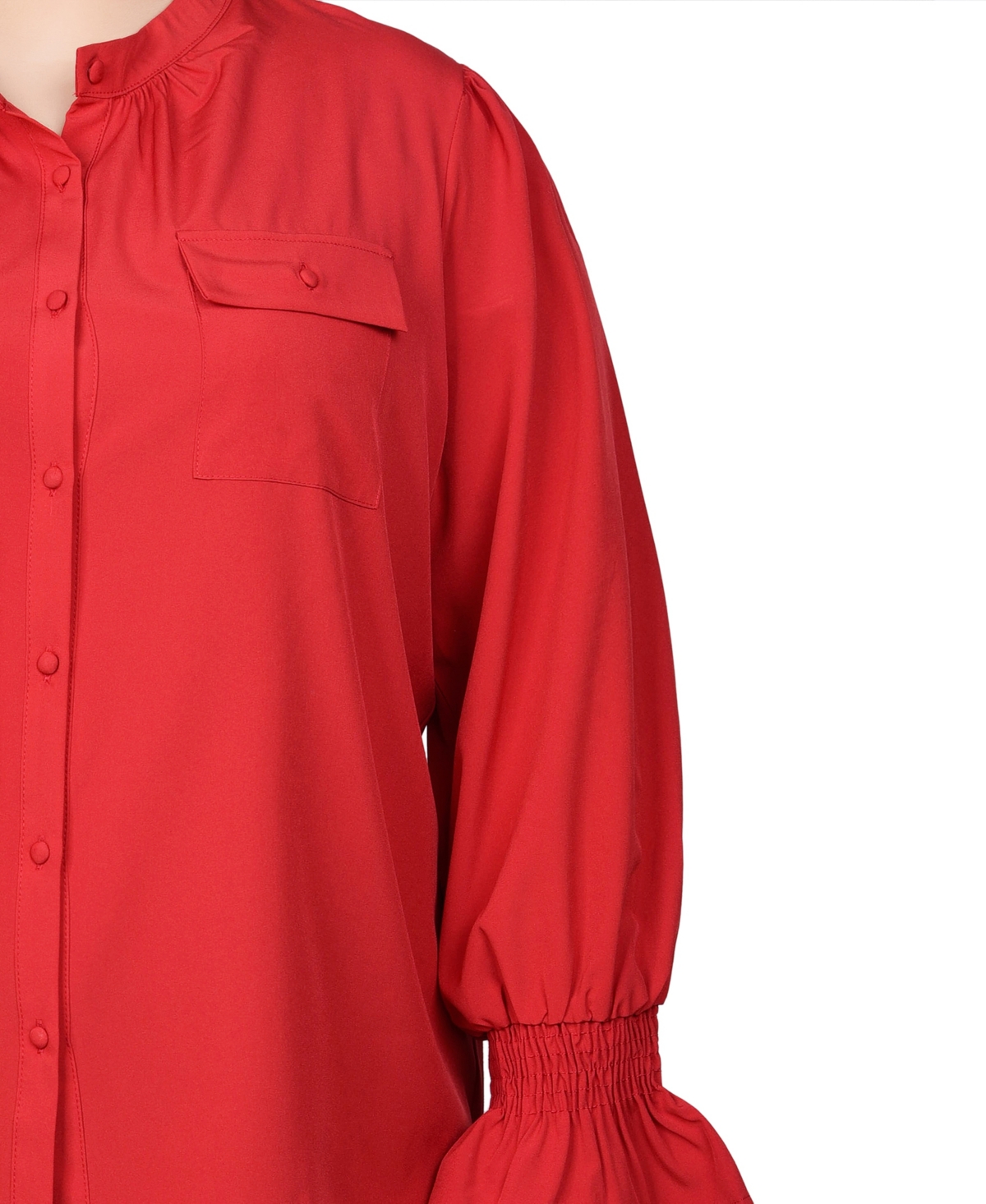Ny Collection Plus Size Long Sleeve Mandarin Collar Blouse In Barbados Cherry