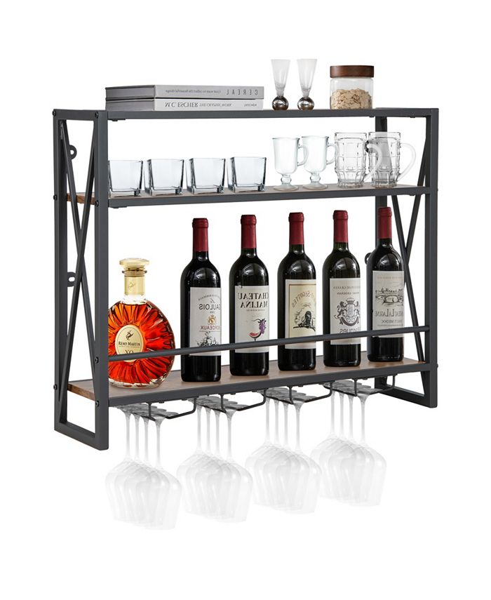 SUGIFT 3 Tiers Industrial Wall Mounted Wine Rack with Glass Holder