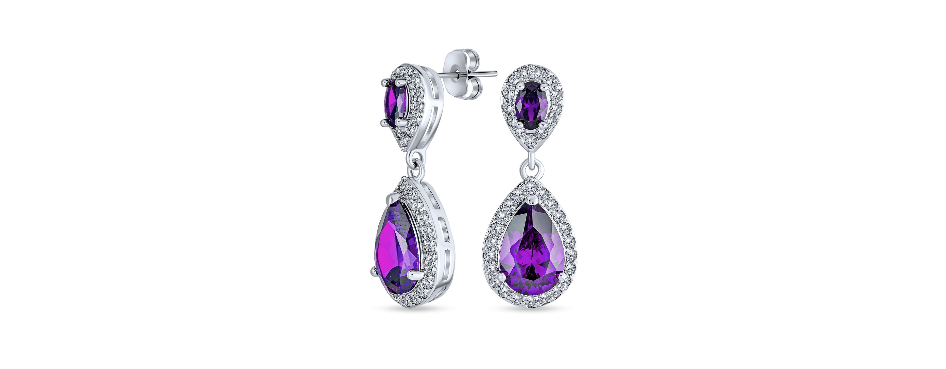 Bling Jewelry Fashion Purple Cz Halo Teardrop Drop Earrings Prom Purple Cubic Zirconia Rhodium Plated Brass