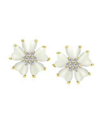 Romantic Natural Cat Eye Button-Style Heart-Shaped Petals Flower Clip-On Earrings Yellow Gold Plated