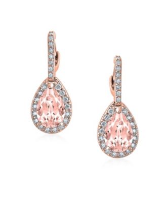 7CT Style Halo Pink Cubic Zirconia CZ Formal Huggie Snap Hinge Dangle Drop Teardrop Earrings Rhodium Plated