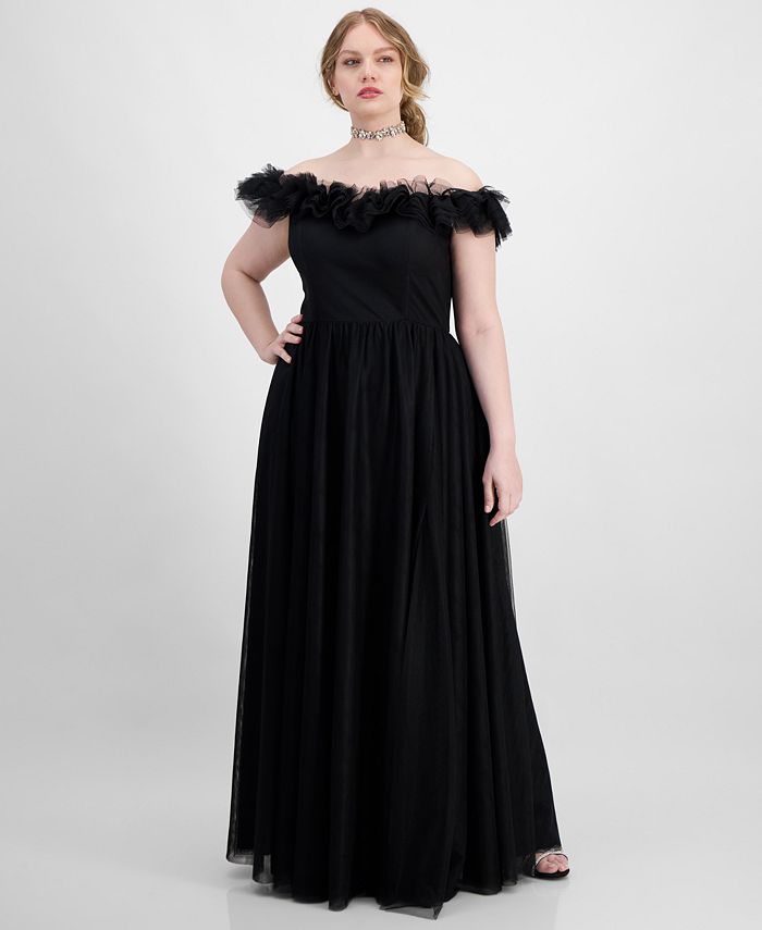 City Studios Trendy Plus Size Tulle-Trim Off-The-Shoulder Gown, Created ...