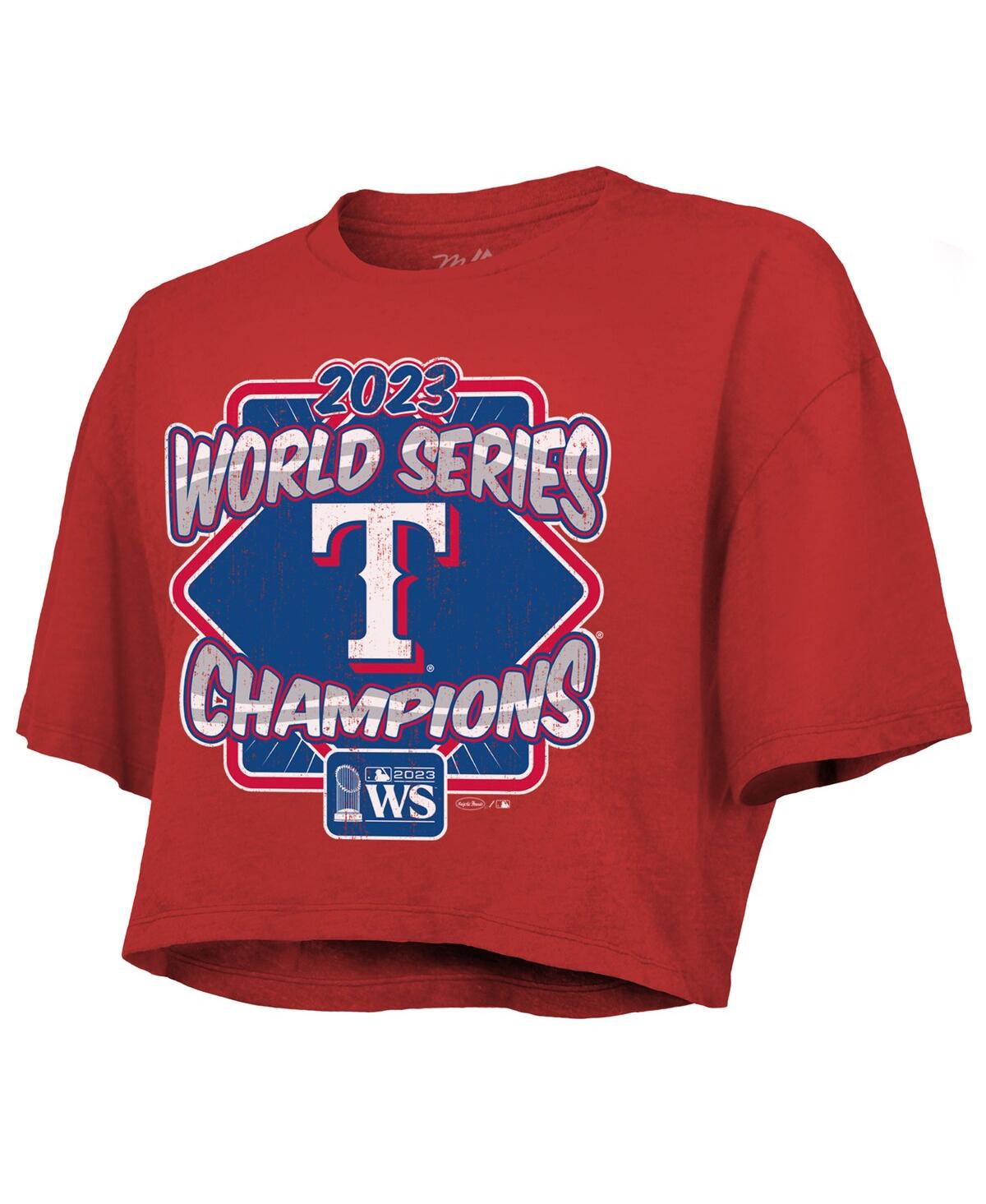 MAJESTIC WOMEN'S MAJESTIC THREADS RED TEXAS RANGERS 2023 WORLD SERIES CHAMPIONS BEST FACE FORWARD BOXY CROPPE 