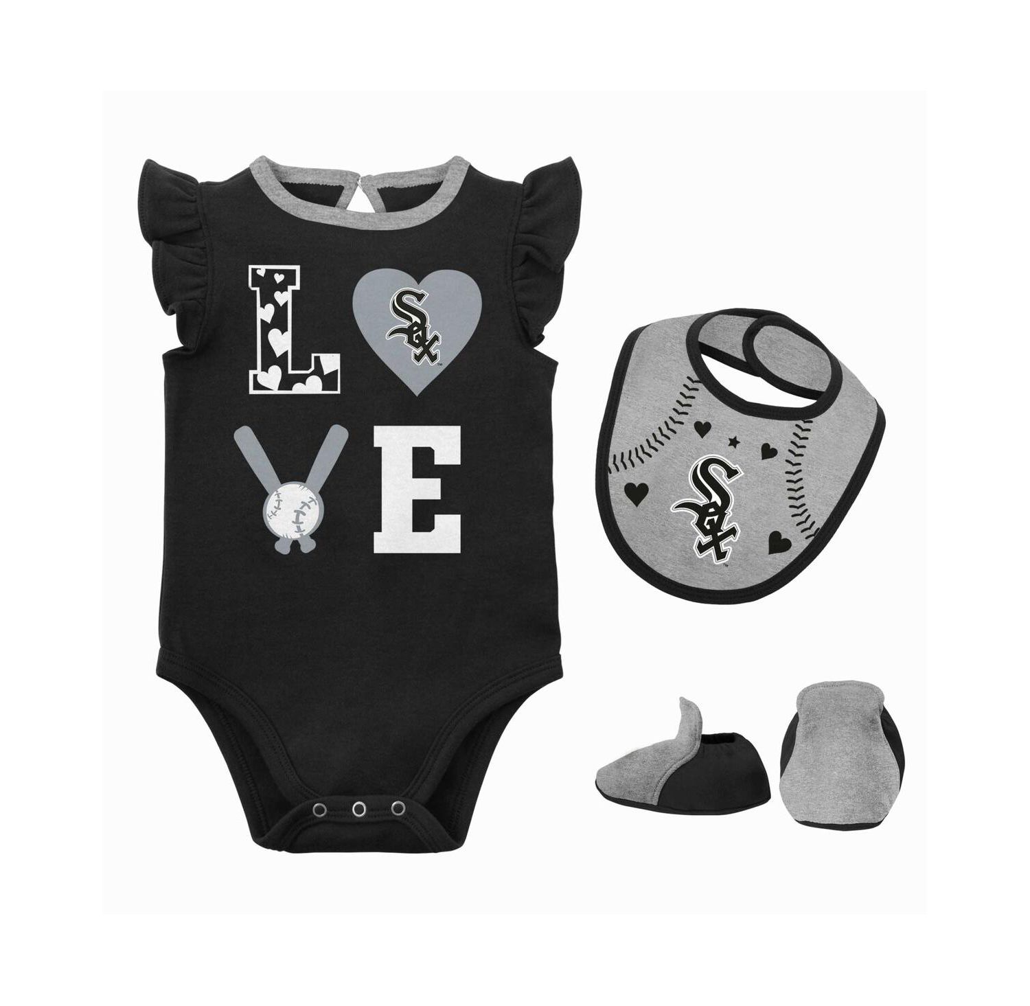 Newborn and Infant Boys and Girls Black, Heather Gray Chicago White Sox Three-Piece Love of Baseball Bib Bodysuit and Booties Set