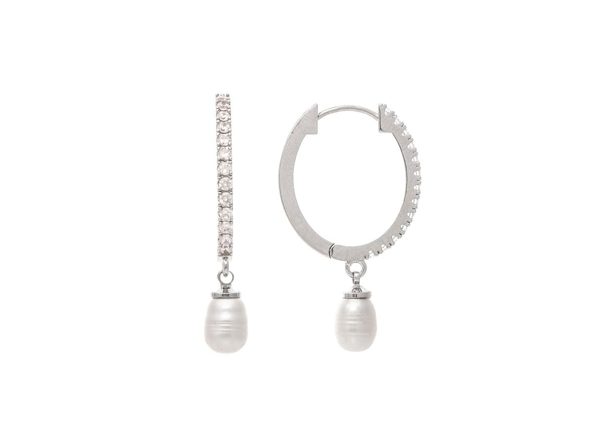 Rhodium Cubic Zirconia Encrusted Hoop with Pearl Charm - Silver with white pearl + cz