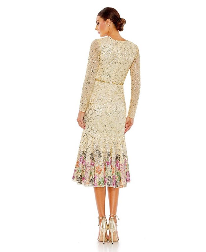 Mac Duggal Women's Long Sleeve Faux Wrap Embellished Tea Length Dress ...