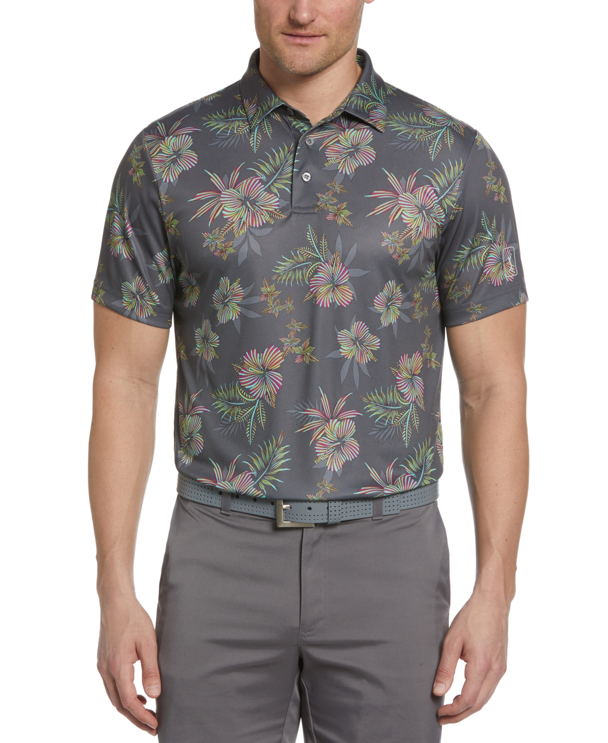 Men's Hibiscus Floral Graphic Polo Shirt - Iron Gate