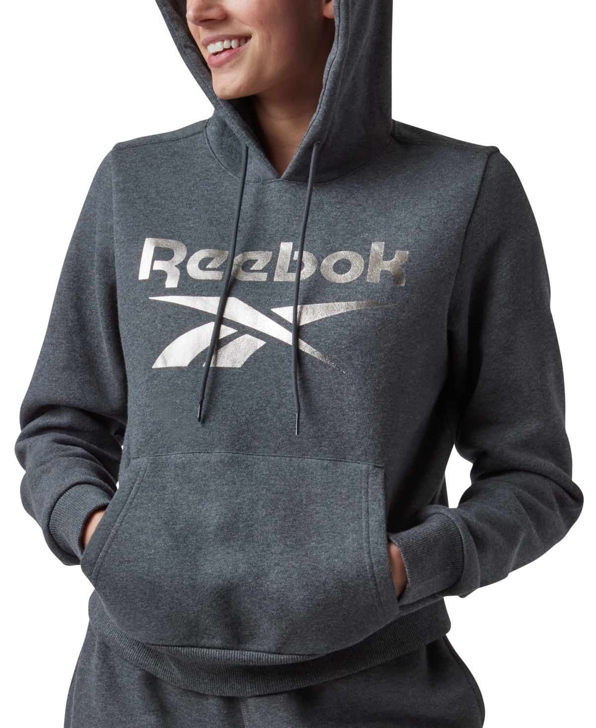 Reebok Women's Metallic Foil Logo Pullover Fleece Hoodie, A Macy's Exclusive In Dark Grey Heather