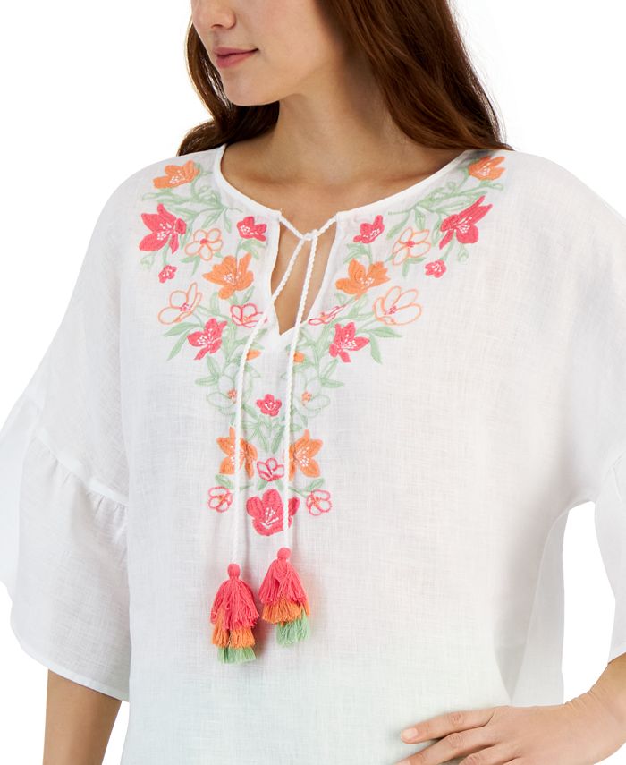 Charter Club Women's 100% Linen Embroidered Peasant Top, Created for ...