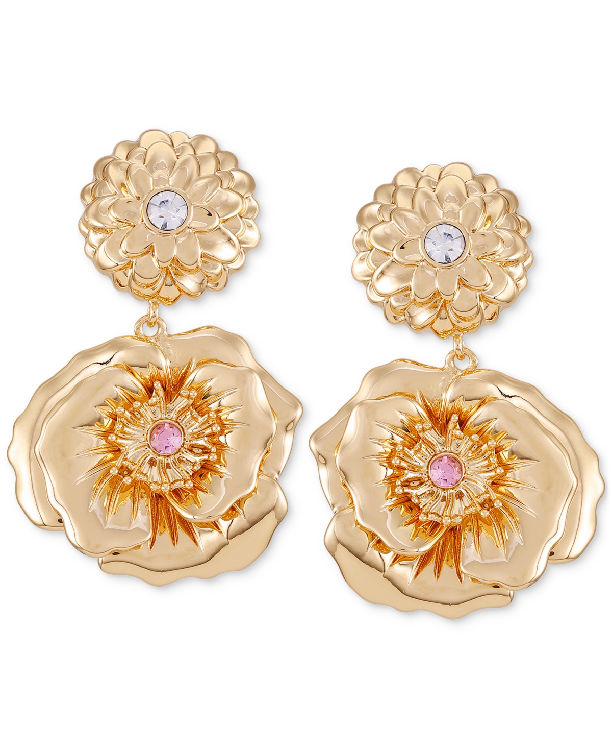 Guess Gold-tone Pave Flower Double Drop Earrings