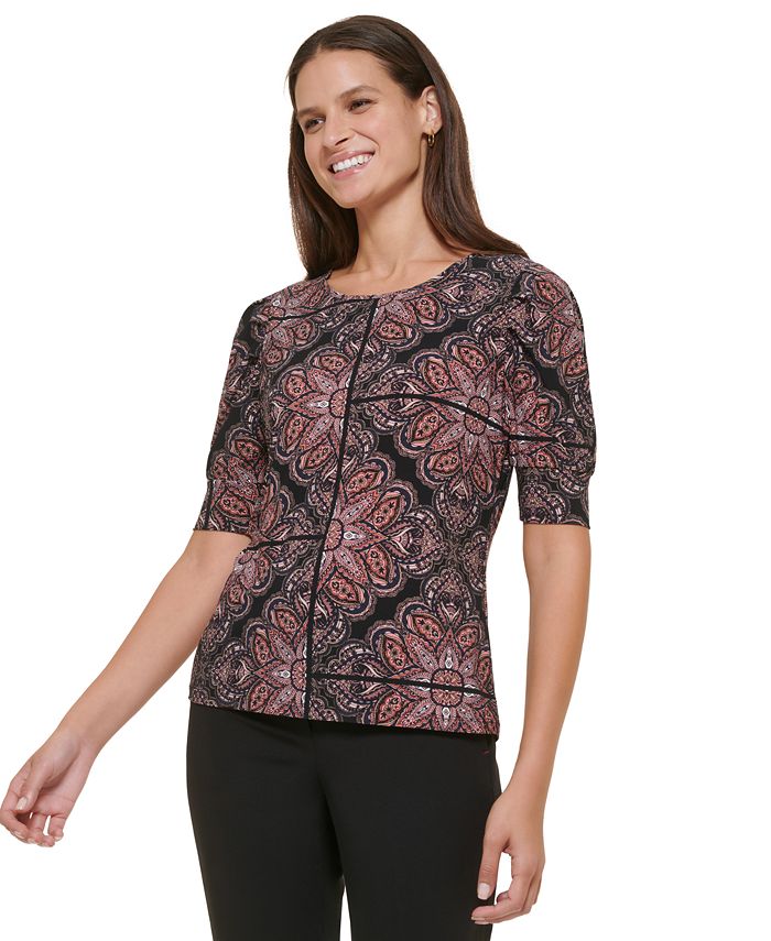 Tommy Hilfiger Women's Printed Pleated-Sleeve Top - Macy's
