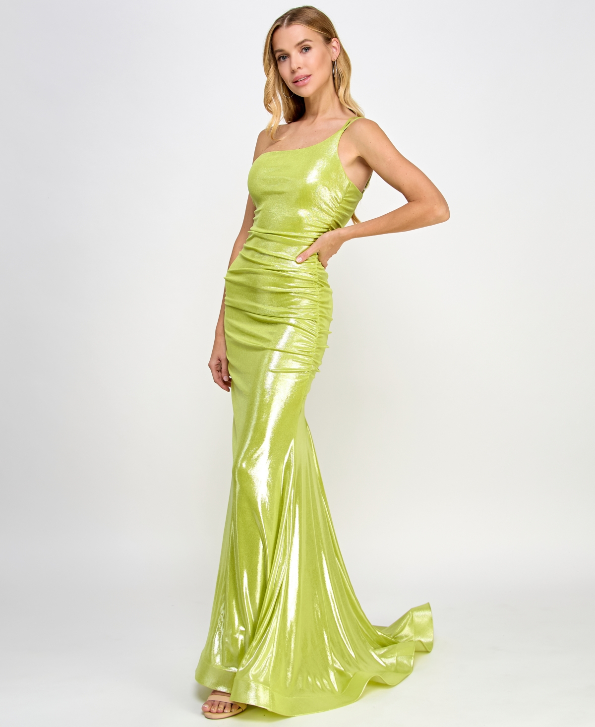 Juniors' Metallic One-Shoulder Gown - Lime/Silver