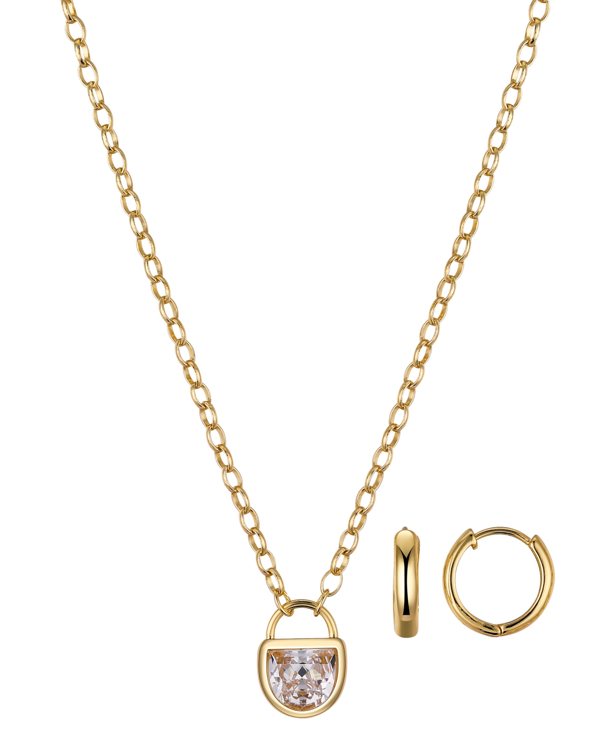 Cubic Zirconia Lock Pendant Necklace and Earring Set - Gold