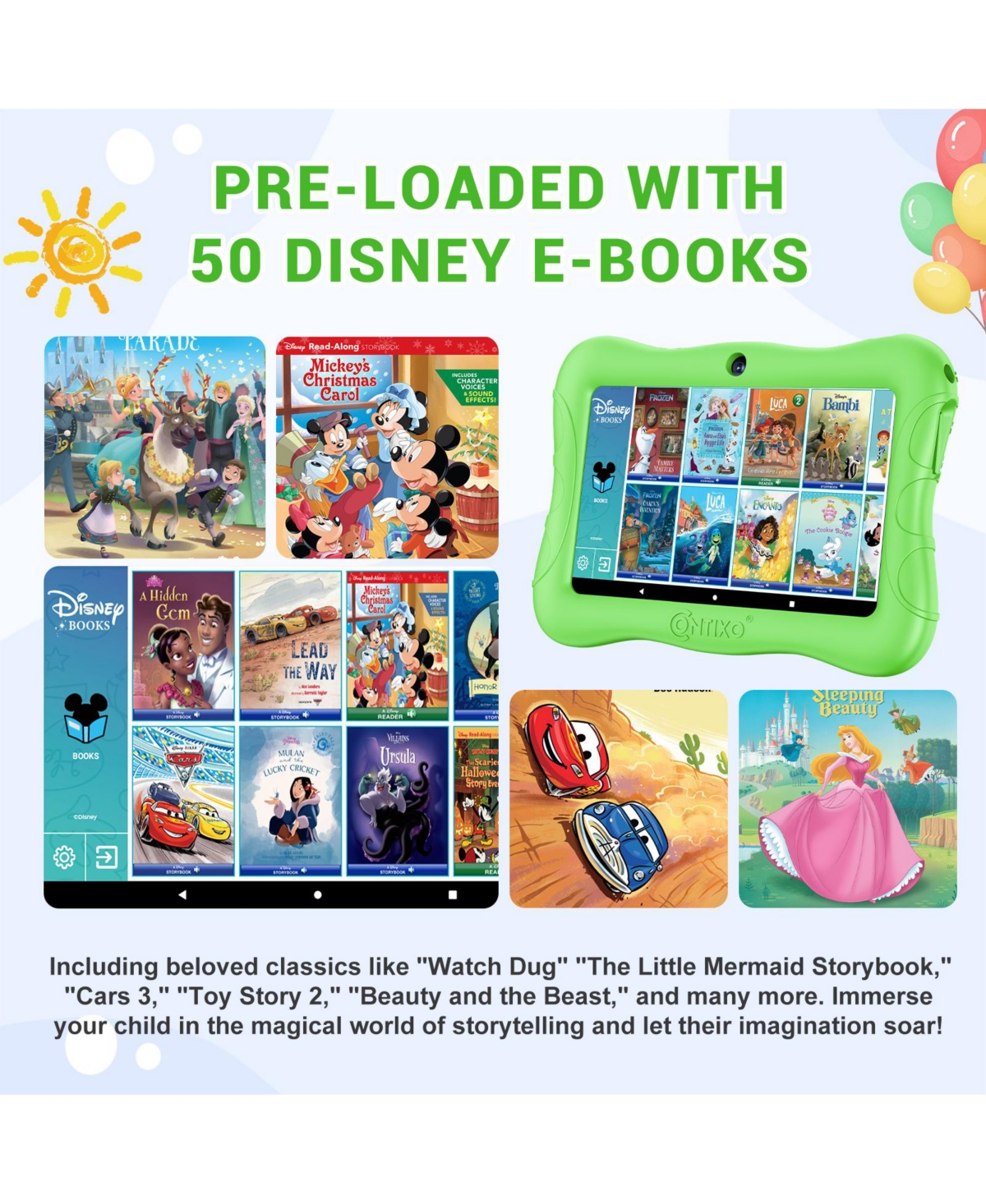 Contixo 7" Android Kids Tablet 32GB, Includes 50+ Disney Storybooks & Stickers, Protective Case with Kickstand, (2024 Model)
