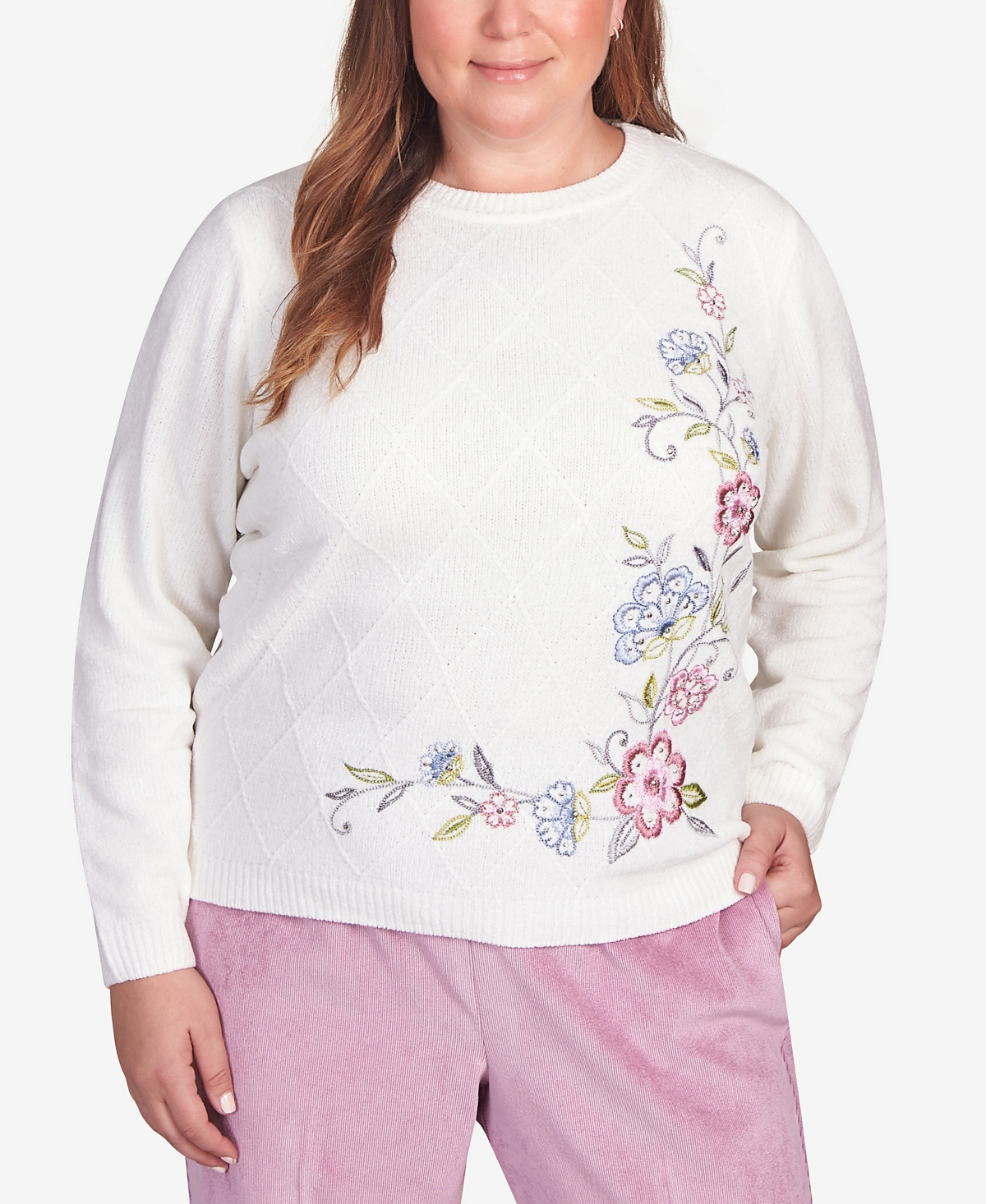 Alfred Dunner Plus Size Swiss Chalet Texture Embroidered Chenille Sweater In Ivory