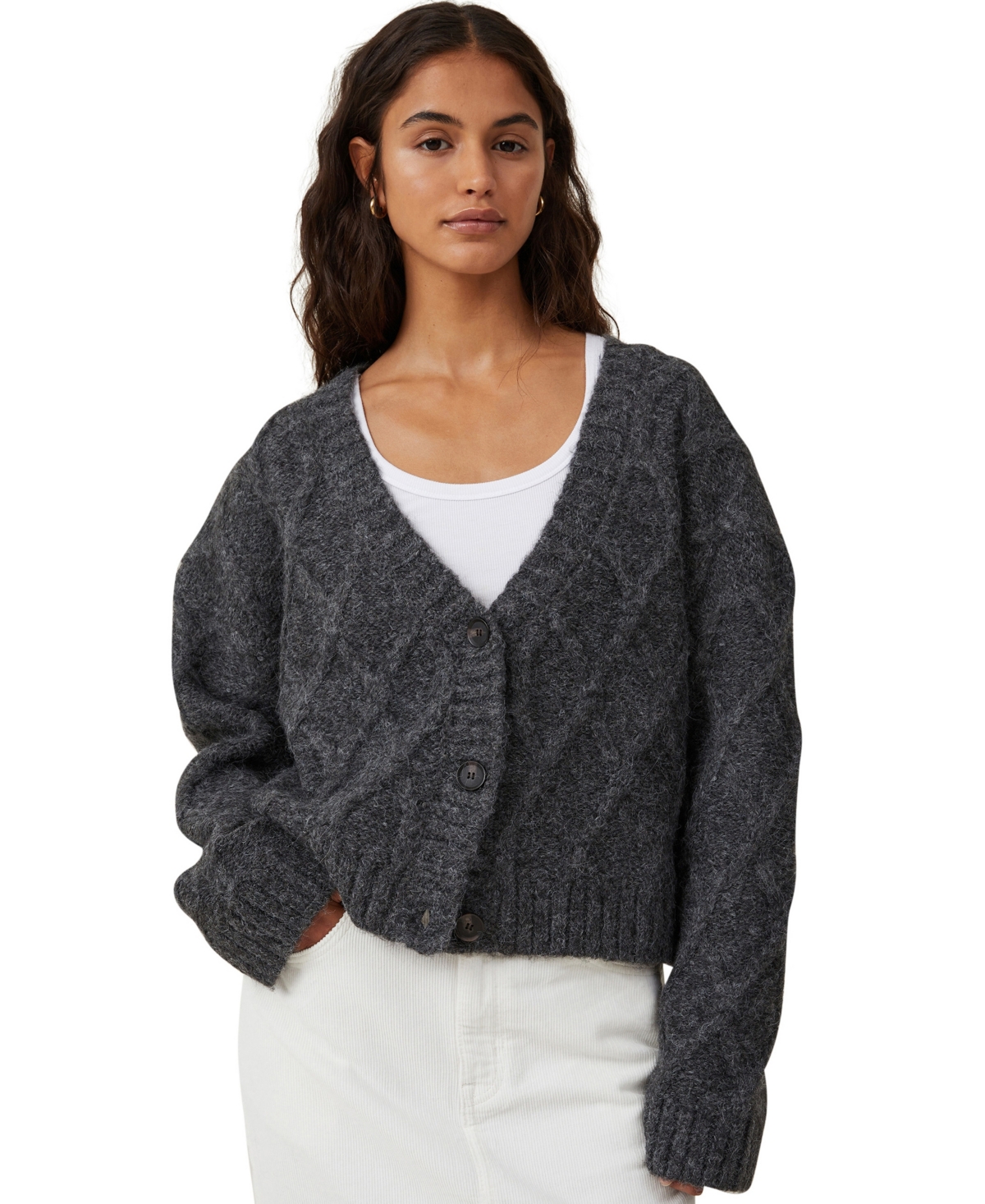 Cotton On Women's Luxe Cable Boucle Cardigan Sweater In Dark Charcoal