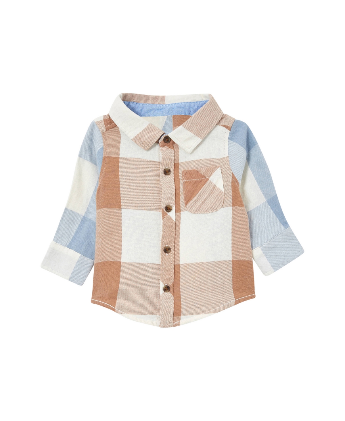 Cotton On Baby Boys Rugged Long Sleeves Shirt In Taupe Brown,dusty Blue Splice Plaid