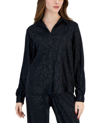 JM Collection - Women's Jacquard Animal Print Button-Front Top