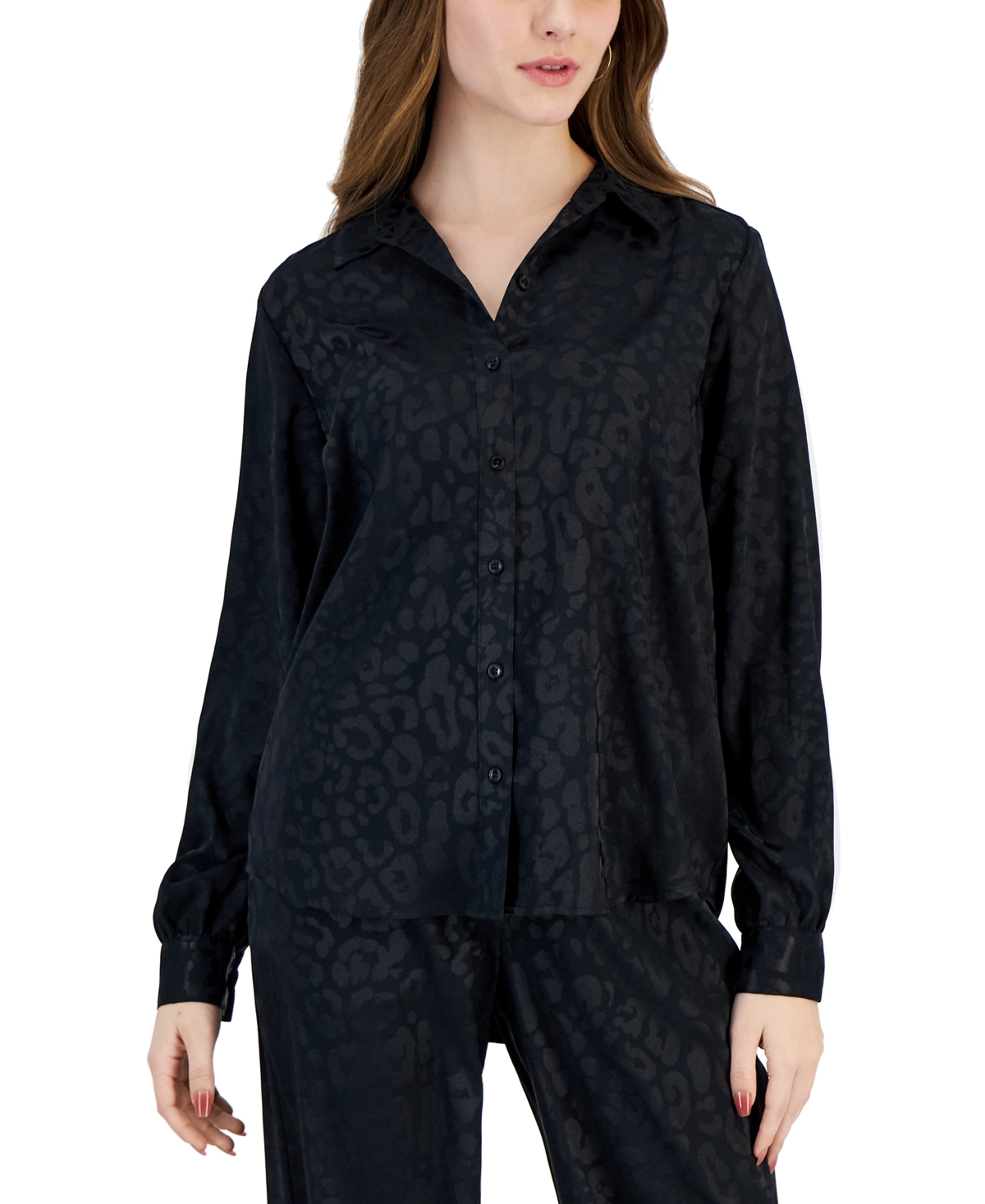 Shop Jm Collection Petite Jacquard Animal Print Button Front Satin Shirt, Created For Macy's In Deep Black