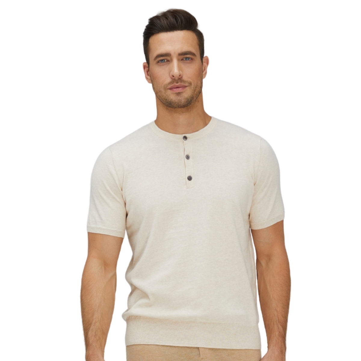 Bellemere Men's ShortTrim Fit Cotton Cashmere Henley T-Shirt