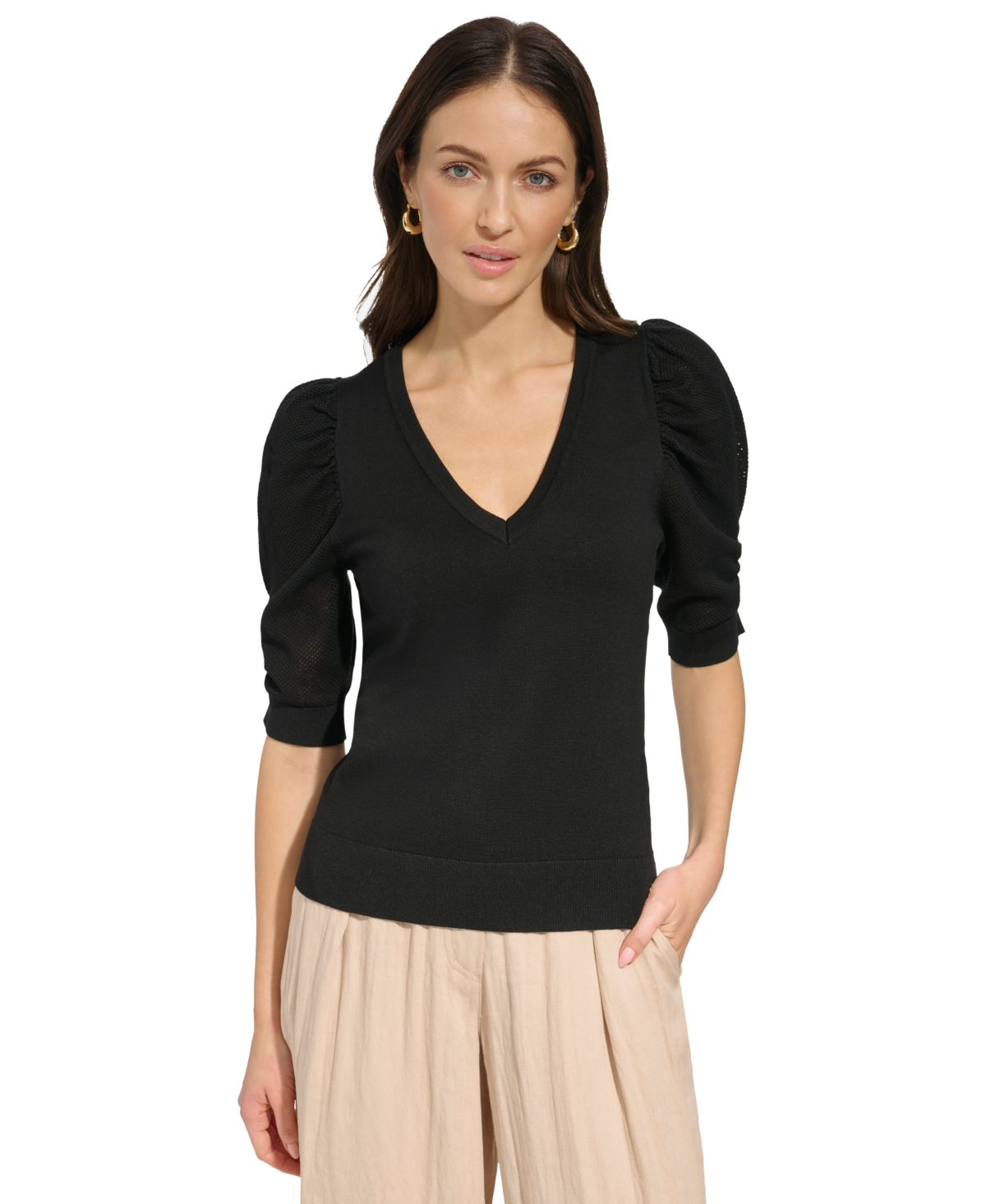 Shop Dkny Women's Puff-sleeve V-neck Sweater In Black