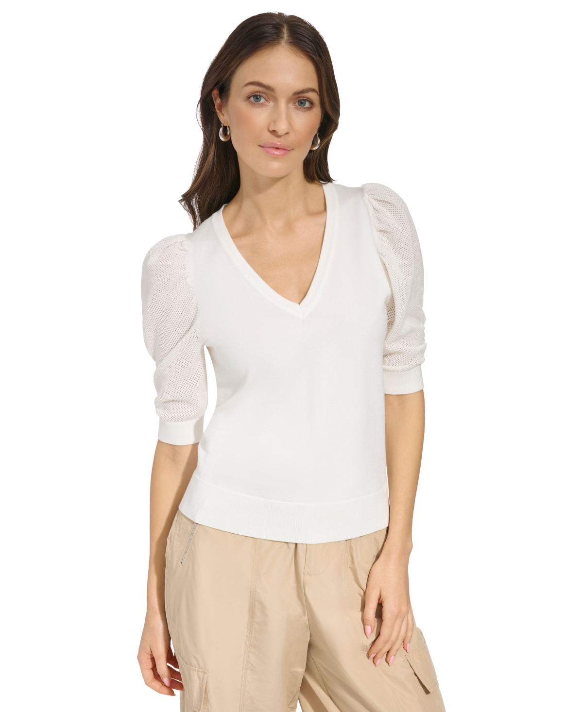 Dkny Women's Puff-sleeve V-neck Sweater In Ivory
