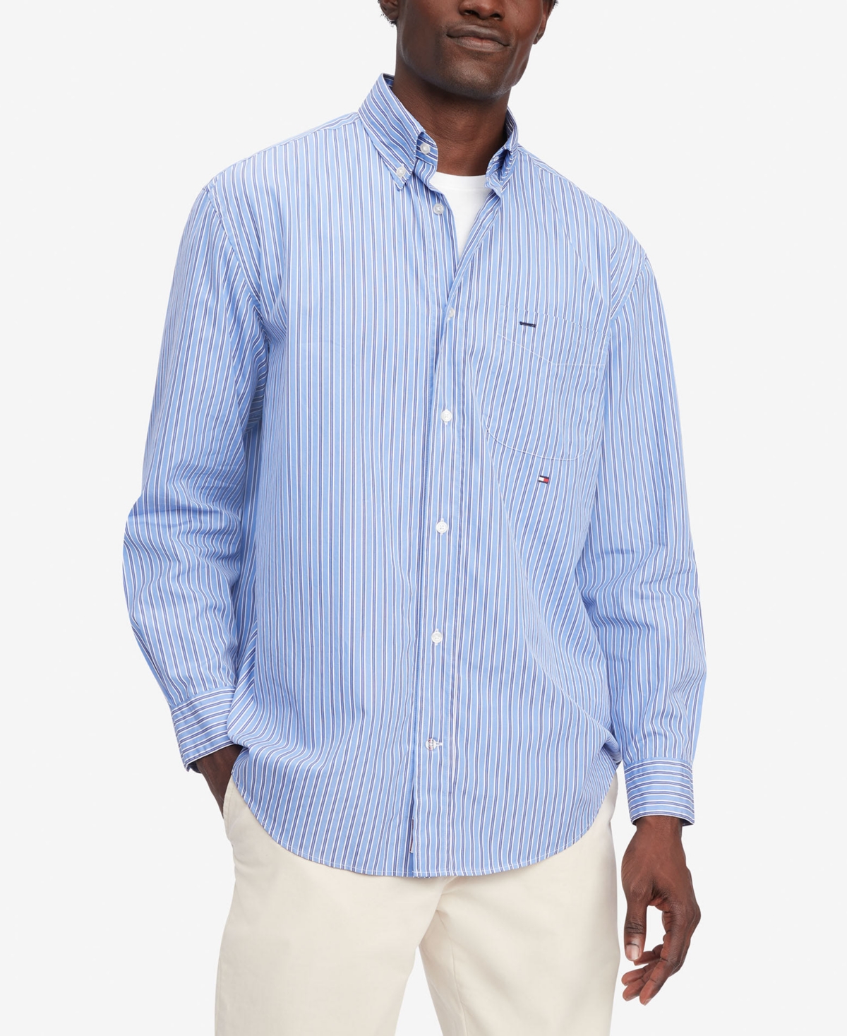 Tommy Hilfiger Men's Classic Fit Long-sleeve Button-down Striped Poplin Shirt In Blue,multi