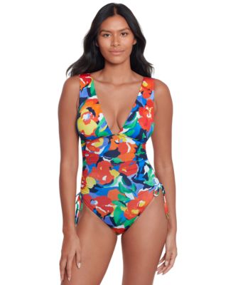 Lauren Ralph Lauren Women s Shirred Plunge Neck One Piece Swimsuit Macy s