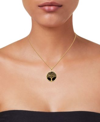 Onyx Tree & Flower Reversible 18" Pendant Necklace in 14k Gold-Plated Sterling Silver
