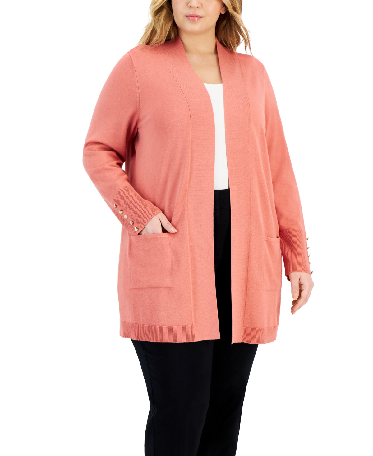 Plus Size Open-Front Long-Sleeve Cardigan, Created for Macy's - Burnt Brick