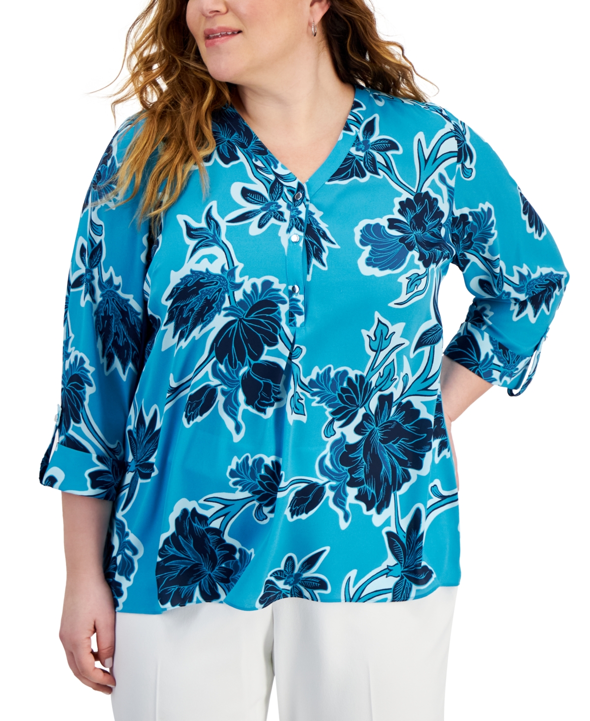 Shop Jm Collection Plus Size Felicia Floral Utility Top, Created For Macy's In Seafrost Combo