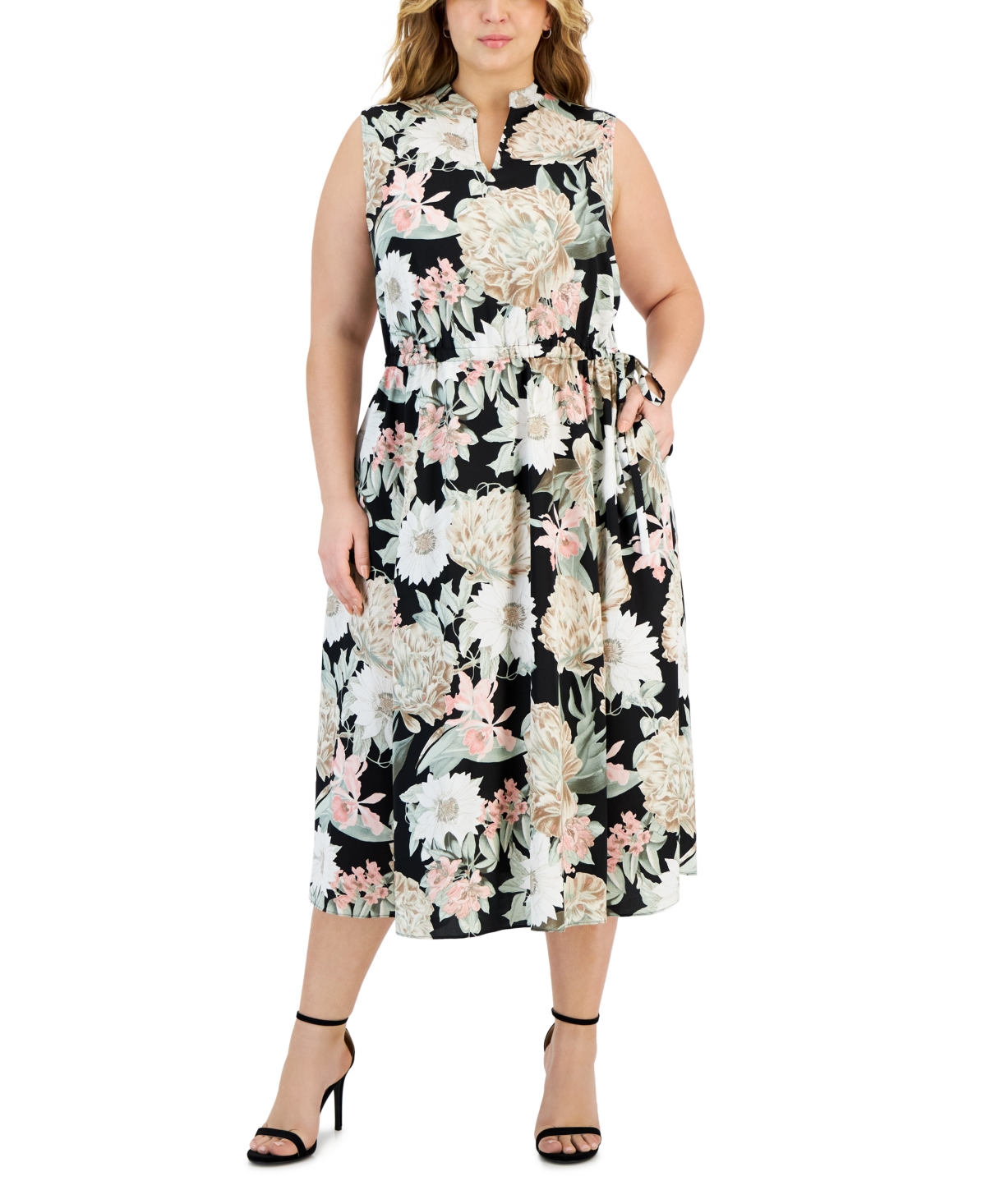 Shop Anne Klein Plus Size Jenna Floral Drawstring-waist Dress In Black,crema Multi