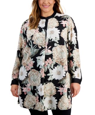 Anne Klein - Plus Size Floral Long-Sleeve Nehru Tunic