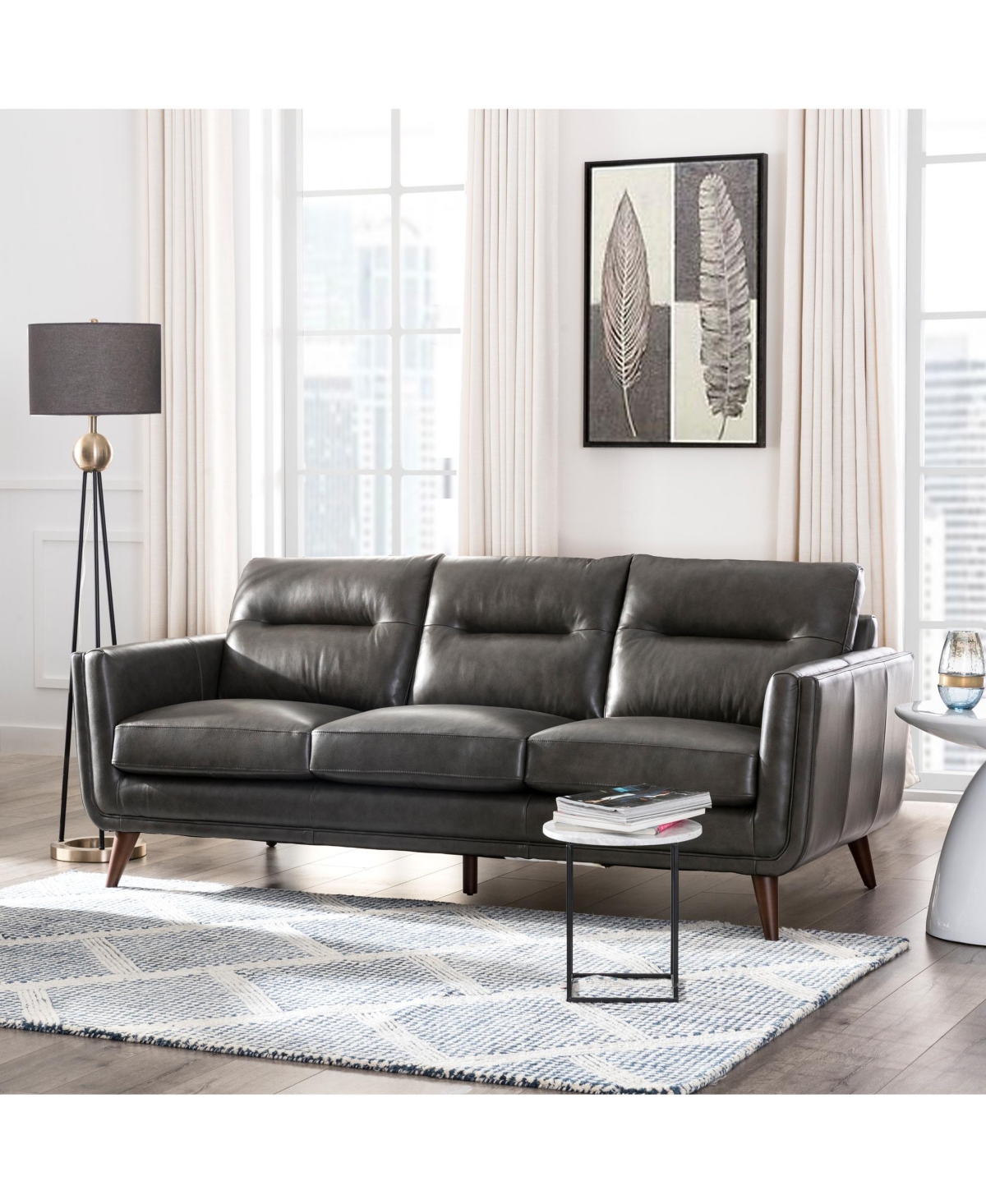 Nice Link Ava 84" Mid-century Modern Leather Sofa In Charcoal Gray