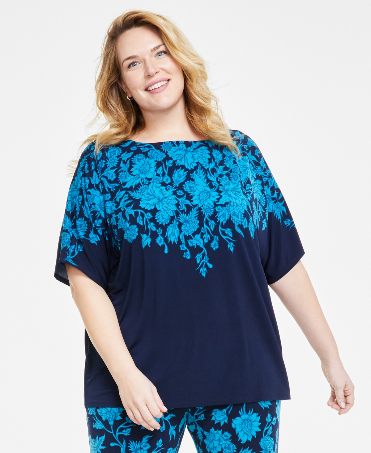 Jm Collection Plus Size Printed Dolman-sleeve Top, Created For Macy's In Intrepid Blue Combo