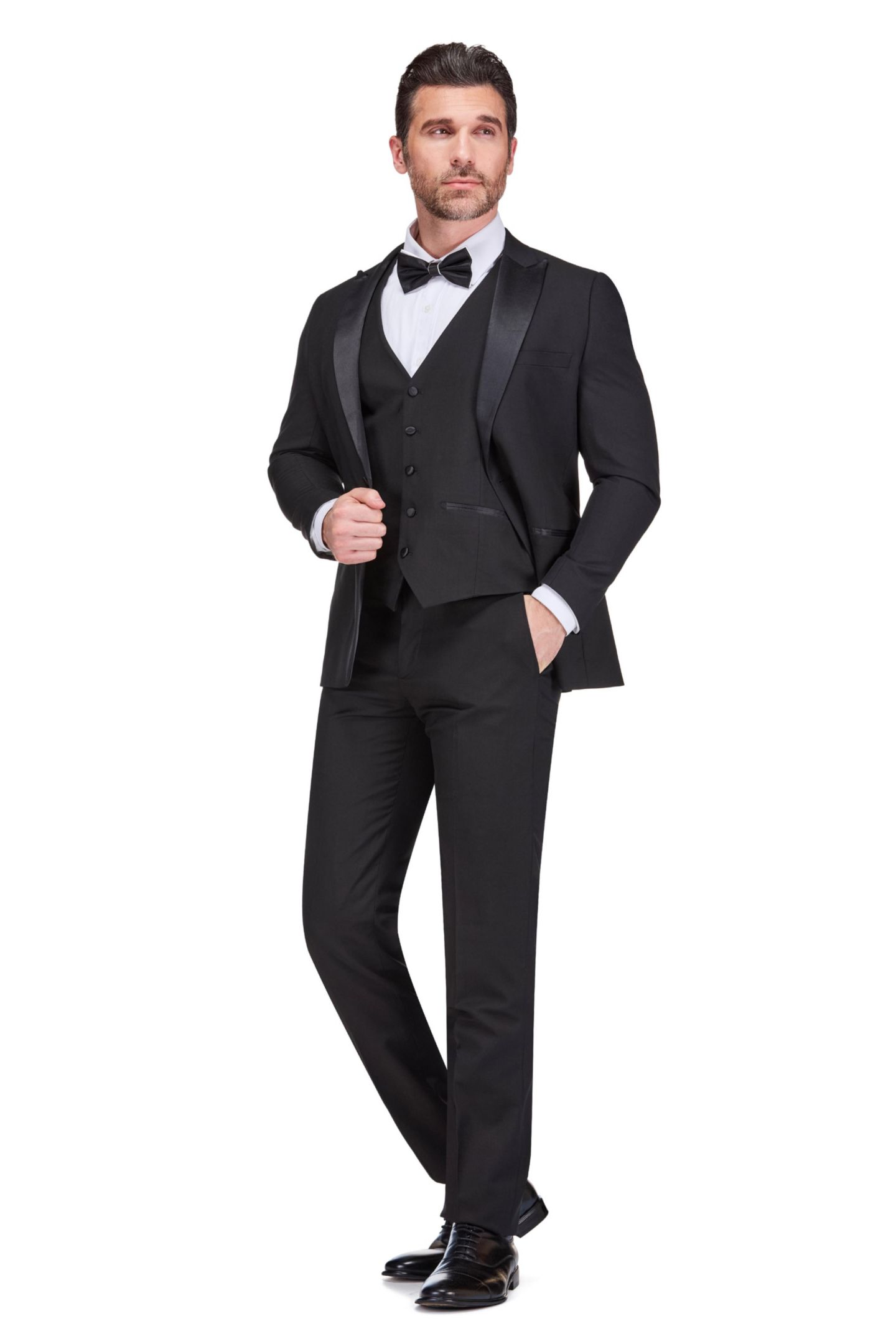 Мужские комплекты Gino Vitale 3-Piece Slim Fit Tuxedo with Peak Lapel, цвет: Чёрный — фото 3