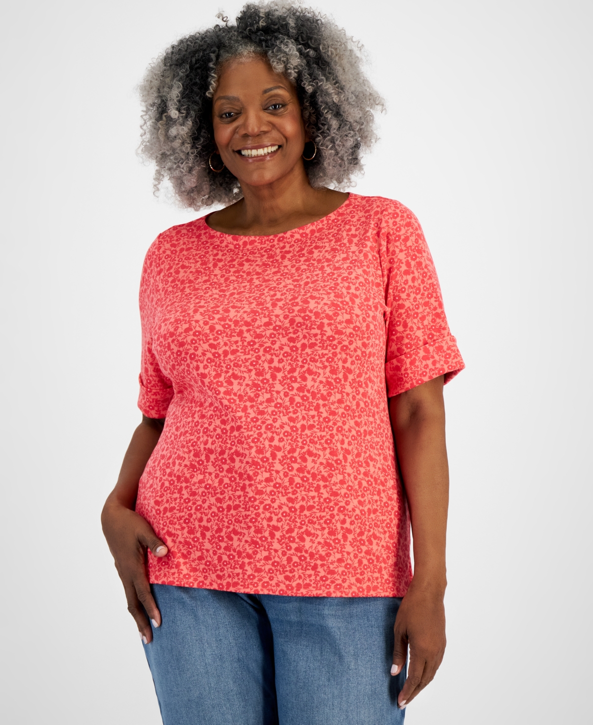 Style & Co Plus Size Printed Elbow-sleeve Top, Created For Macy's In Garden Fresh Coral