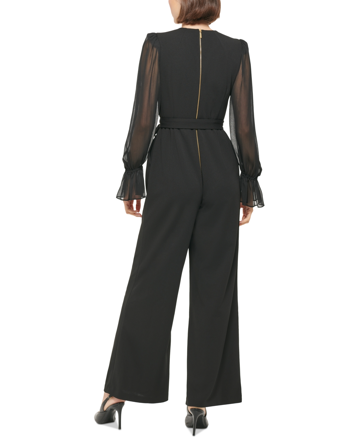 Calvin Klein Crewneck Chiffon Flare-Leg Jumpsuit -Black