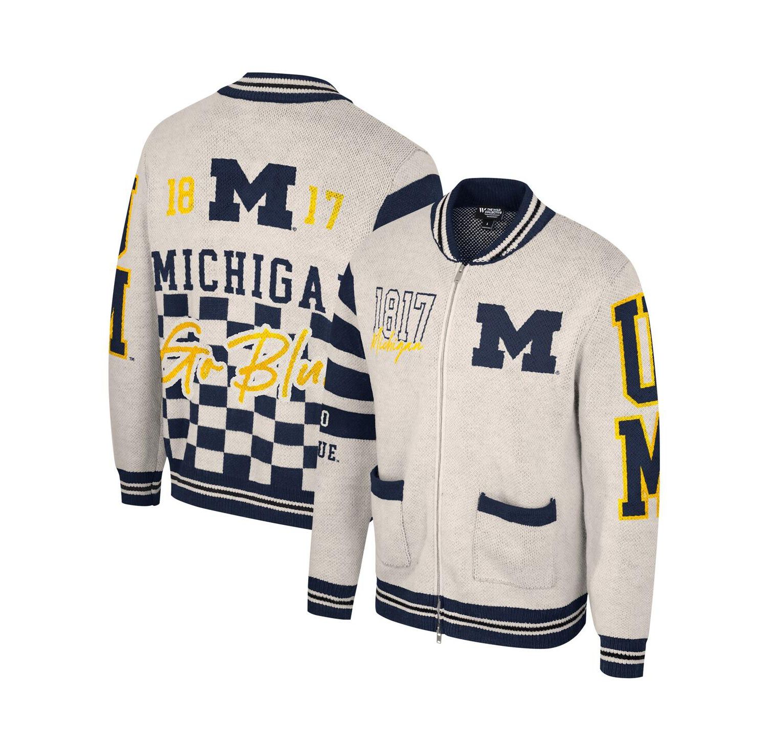 Men's and Women's Cream Michigan Wolverines Jacquard Full-Zip Sweater