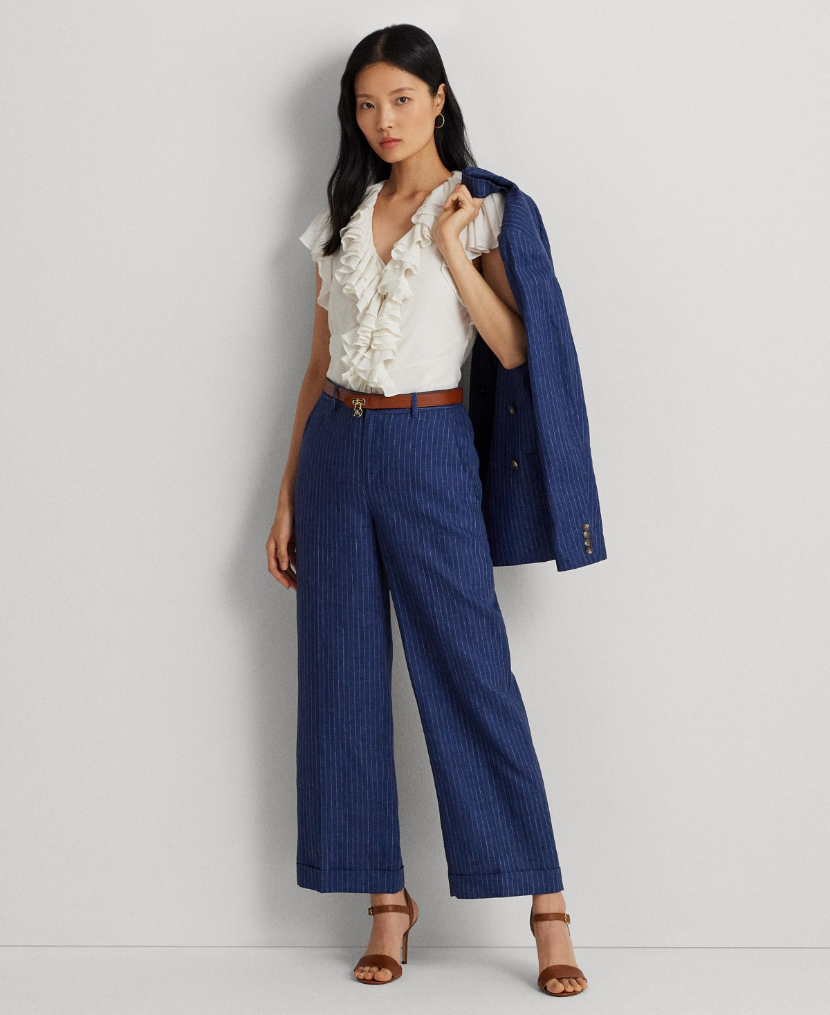 Shop Lauren Ralph Lauren Women's Pinstripe Linen Wide-leg Cropped Pants In Blue,white