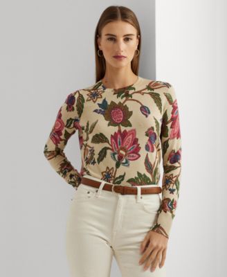 로렌 랄프로렌 Lauren Ralph Lauren Womens Floral Cotton-Blend Sweater,Cream Multi