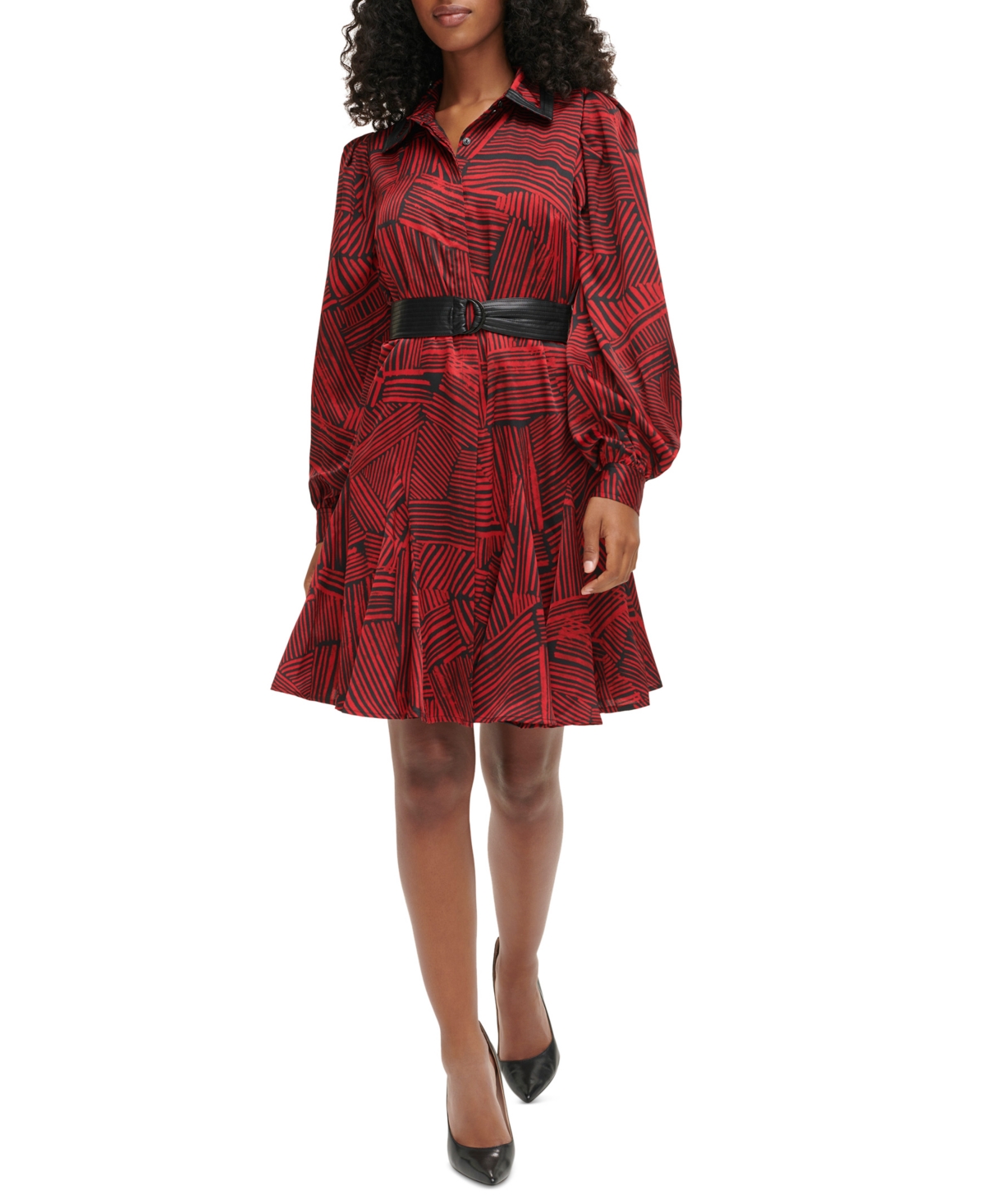 Karl Lagerfeld Belted Satin Shirt Dress In Admiral Red,black