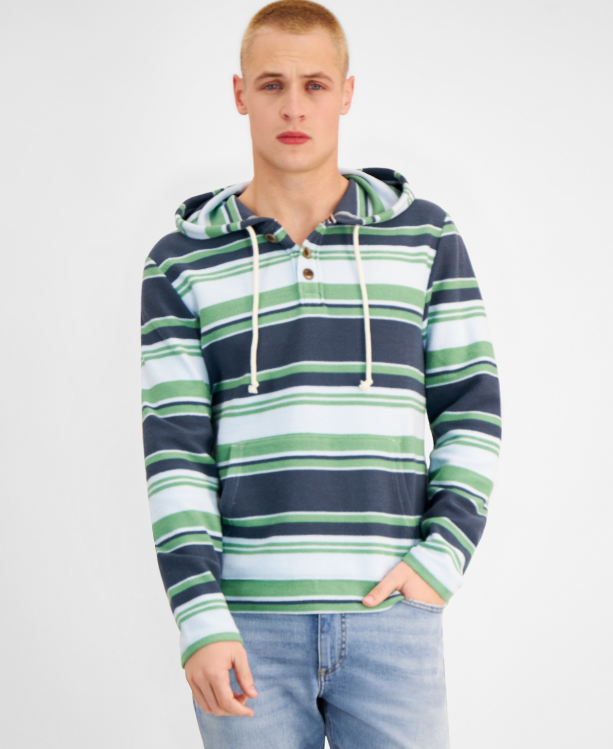 Men's Farley Striped Button-Placket Long Sleeve Hoodie, Created for Macy's - Sea Coral