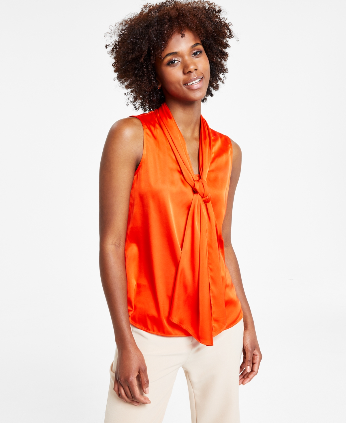Women's Tie-Neck Sleeveless Satin Blouse, Created for Macy's - Spice Orange