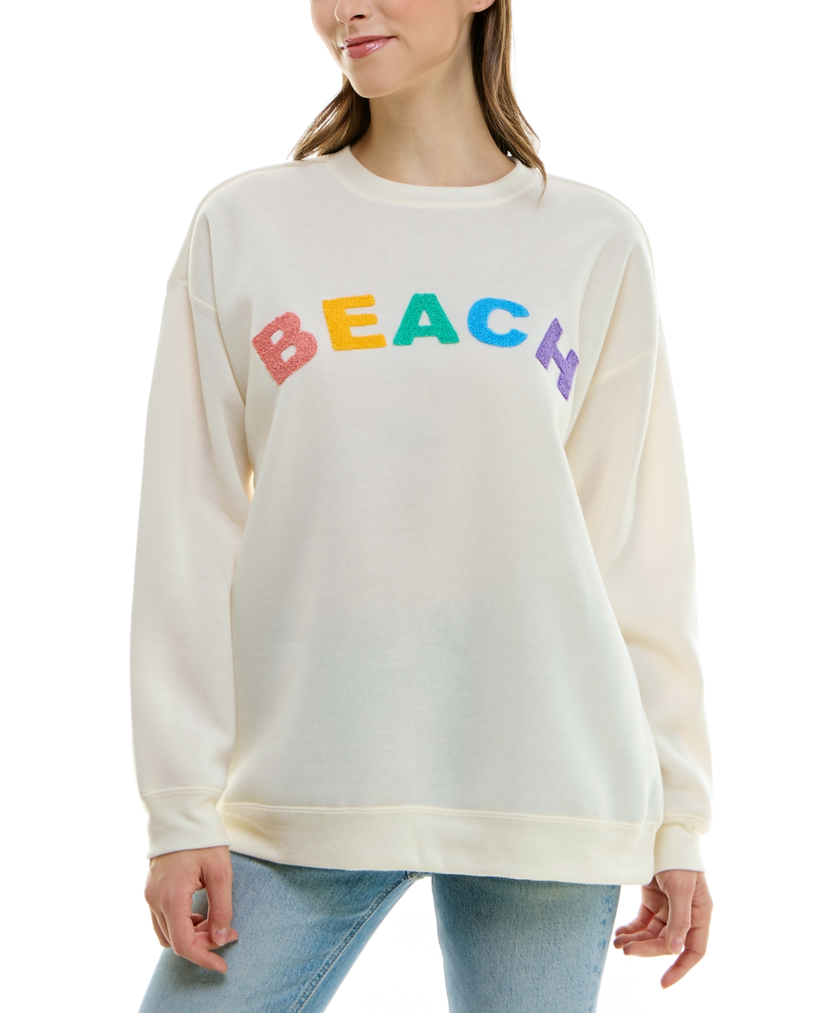 Juniors' Chenille-Trim Graphic Sweatshirt - Beige