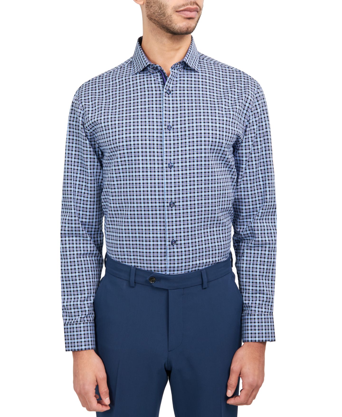 Мужская рубашка MICHELSONS OF LONDON Regular-Fit Twill Check Dress Shirt, цвет: Тёмно-синий — фото 1