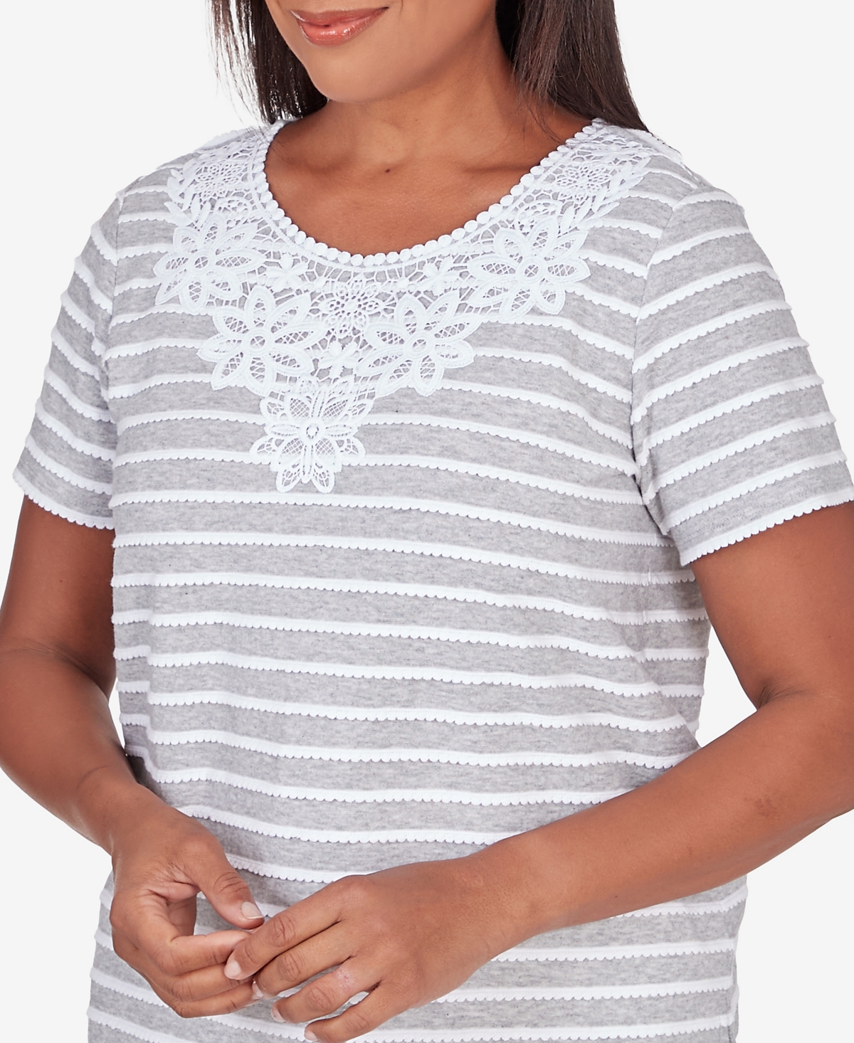 Alfred Dunner Petite Classic Neutrals Lace Neck Striped Split Hem T-shirt