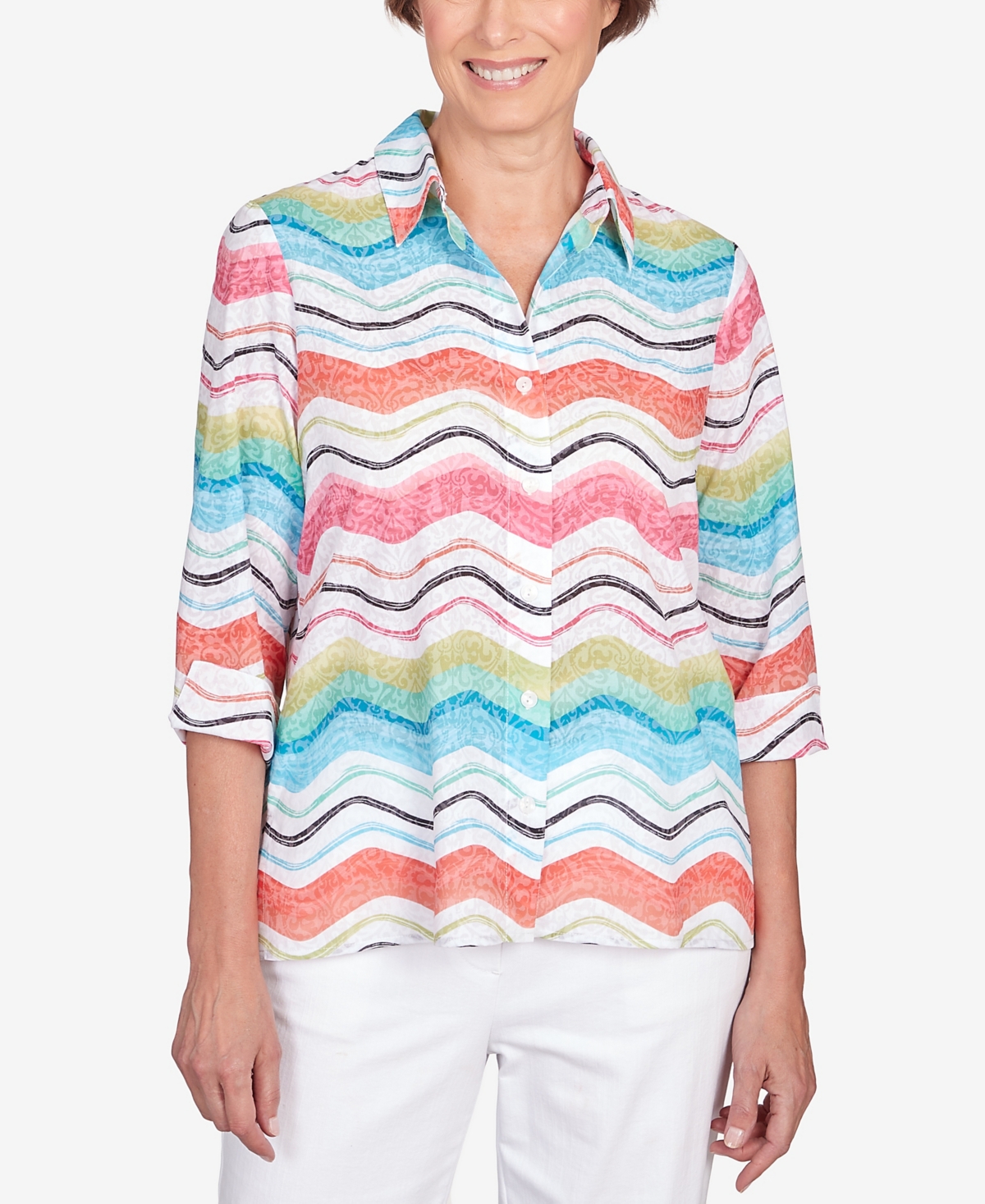 Shop Alfred Dunner Petite Classic Brights Wavy Stripe Button Down Top In Multi