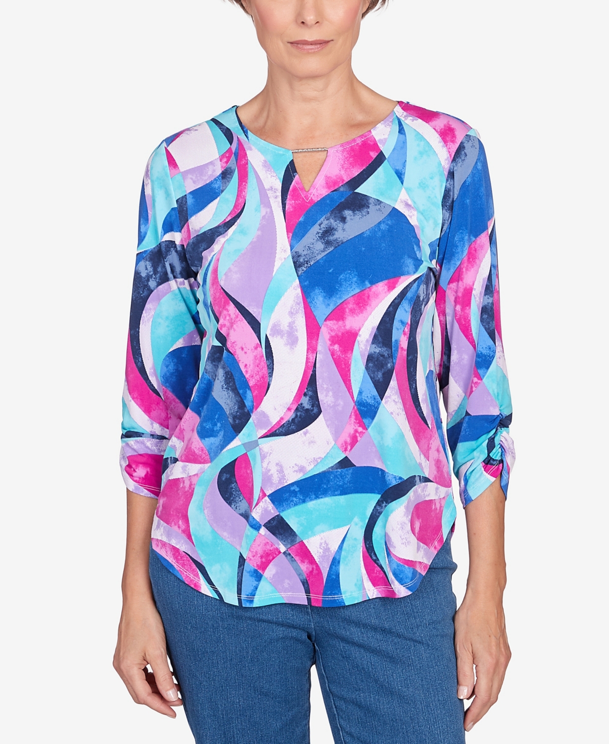Shop Alfred Dunner Petite Classic Puff Print Stained Glass Swirl Split Neck Top In Multi
